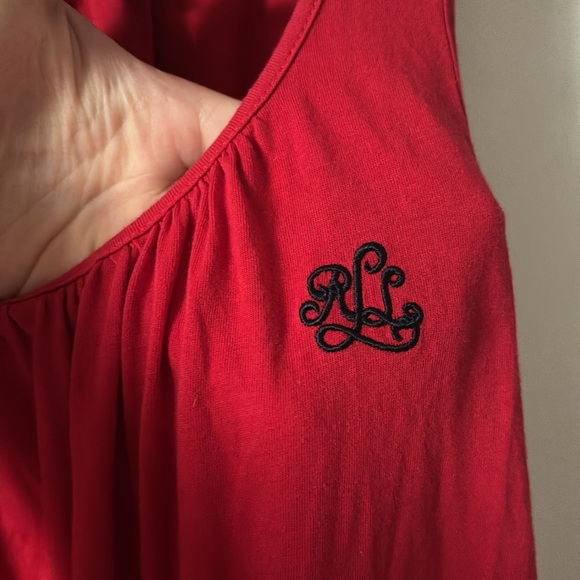 Lauren Ralph Lauren Red & Navy Color Block Cotton Embroidered Monogram Dress - Picture 7 of 9